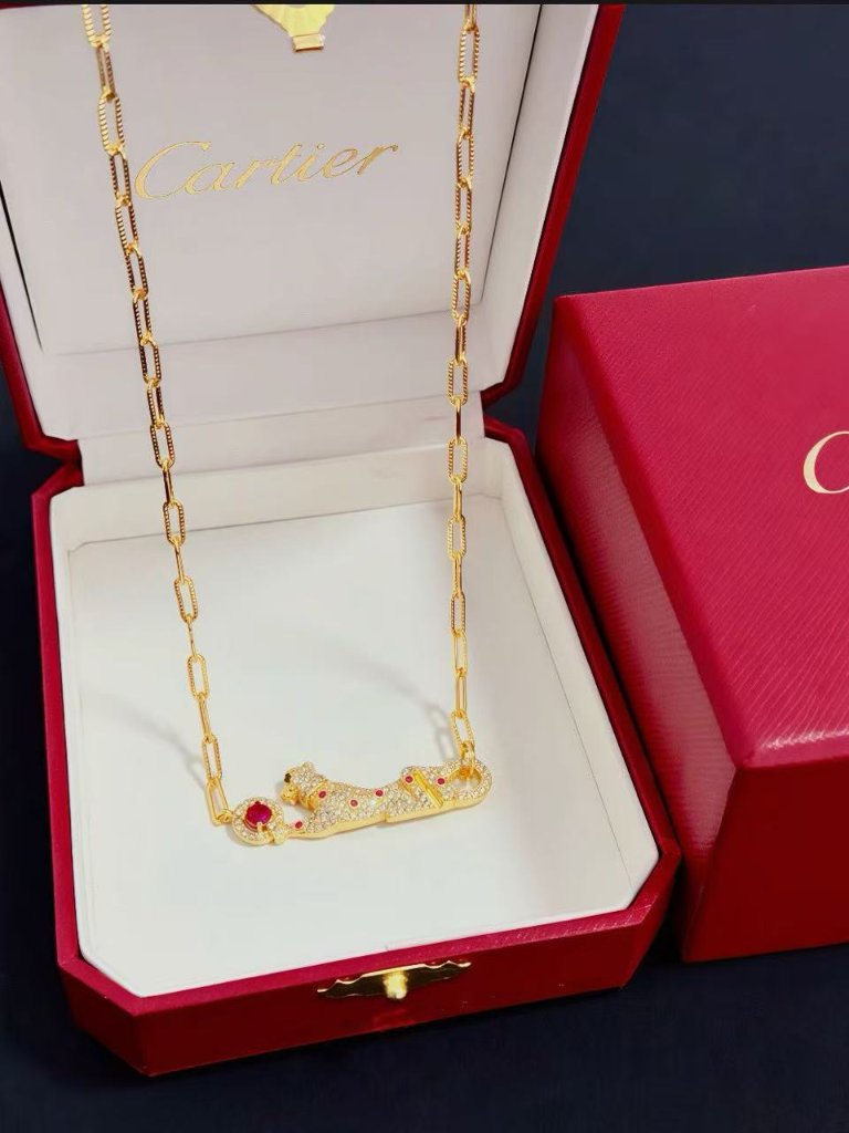 Cartier Panthre Gold Diamond & Ruby Paperclip Chain Necklace